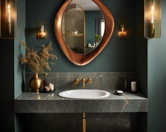 Walnut Wooden Frame Mirror | Home Decor Mirror | Asymmetrical Mirror | Irregular Mirror | Bathroom Mirror | Vanity Mirror | Wavy Mirror,