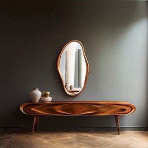 Walnut Wooden Frame Mirror Home Decor Mirror Asymmetrical Mirror Irregular Mirror Bathroom Mirror Vanity Mirror Wavy Mirror, image 5
