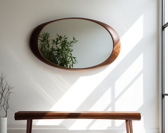 Walnut Wooden Frame Mirror | Home Decor Mirror | Asymmetrical Mirror | Irregular Mirror | Bathroom Mirror | Vanity Mirror | Wavy Mirror,