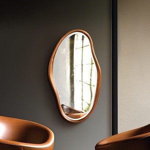 Walnut Wooden Frame Mirror Home Decor Mirror Asymmetrical Mirror Irregular Mirror Bathroom Mirror Vanity Mirror Wavy Mirror, image 1