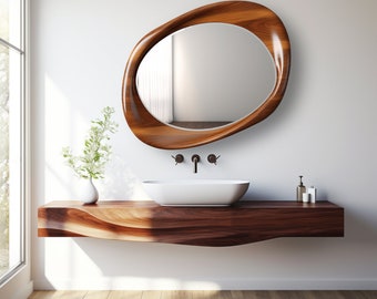 Walnut Wooden Frame Mirror | Home Decor Mirror | Asymmetrical Mirror | Irregular Mirror | Bathroom Mirror | Vanity Mirror | Wavy Mirror,
