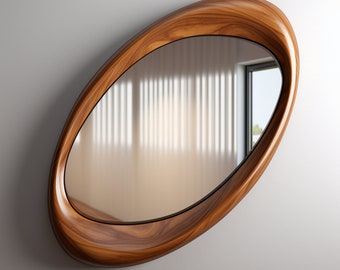 Walnut Wooden Frame Mirror | Home Decor Mirror | Asymmetrical Mirror | Irregular Mirror | Bathroom Mirror | Vanity Mirror | Wavy Mirror,