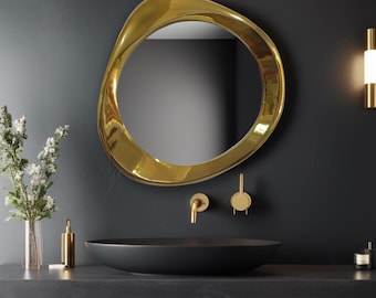 Shiny Gold Wooden Frame Mirror | Home Decor Mirror | Asymmetrical Mirror | Irregular Mirror | Bathroom Mirror | Vanity Mirror| Wavy Mirror,