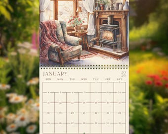 May include: A watercolor-style calendar for January, featuring a cozy interior scene with a fireplace, armchair, and window. The calendar grid is visible below the image, with the days of the week and dates.