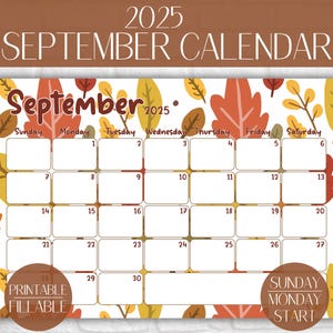 September 2025 Calendar Printable Fillable September Calendar 2025 September Planner 2025 Fall Planner 2025 Wall Autumn Calendar