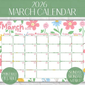 Puede incluir: Calendario de marzo de 2026 imprimible y rellenable con un diseño floral. El calendario presenta un fondo blanco con flores rosas, azules y amarillas. Los días de la semana están en la parte superior y las fechas en casillas numeradas.