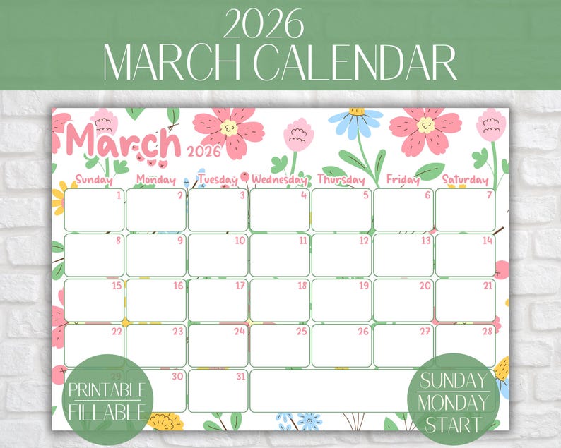 March 2026 Printable Calendar | Spring Floral Planner (digital Download ...