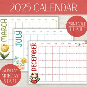 2025 Kinderkalender Printable Befüllbarer Kalender 2025 Süßer Kalender 2025 Monatskalender 2025 Kawaii Kalender 2025 Digitaler Kalender