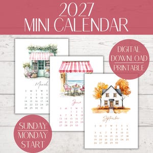 Utskrivbar minikalender 2027, utskrivbar akvarellkalender, utskrivbar skrivbordskalender 2027, minimal kalender