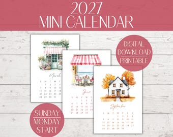 Puede incluir: Un mini calendario 2027 descargable e imprimible que consta de tres páginas con ilustraciones en acuarela. La página de marzo muestra una tienda, junio una cafetería junto al mar con un toldo de rayas rosas y septiembre una casa con árboles.