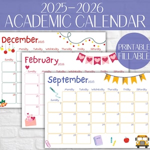School Calendar 2025 2026 Printable Fillable Academic Calendar 2025 2026 Academic Yearly Calendar Academic Monthly Planner School Planner
