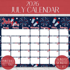 May include: A July 2026 calendar page featuring a dark blue background with red and white firework and rocket patterns. The grid includes white boxes for dates, with the text July 2026, Printable Fillable, and Sunday Monday Start included.