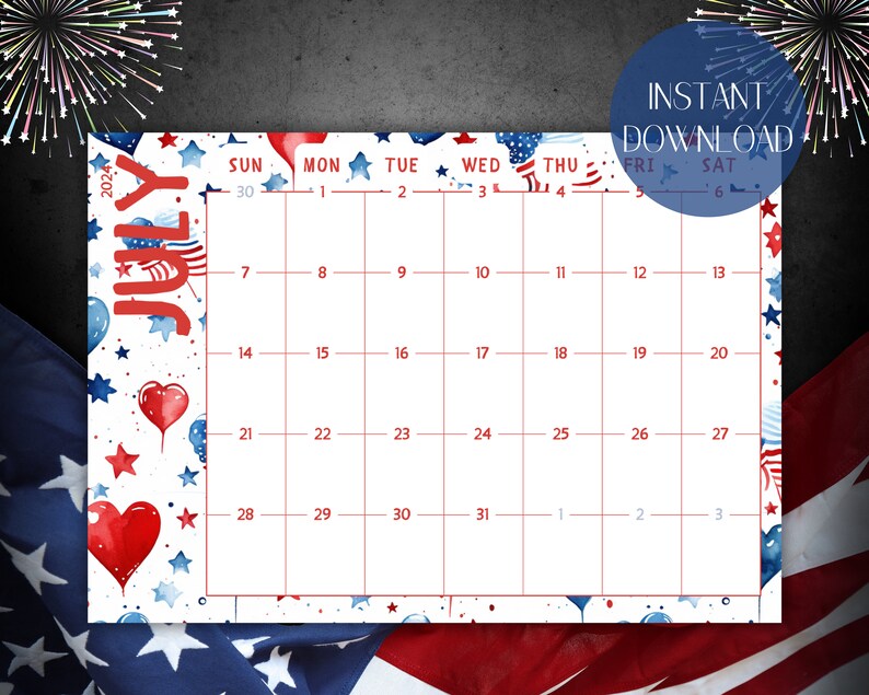 4th of july calendar page
