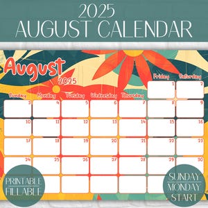 August 2025 Calendar Printable Fillable August Calendar 2025 August Planner 2025 Summer Planner 2025 Wall Summer Calendar