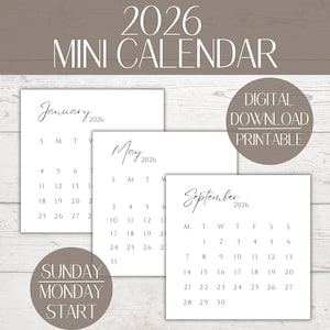 2026 Mini Calendar Printable: Minimalist 3x3&quot; Design (Digital Download)