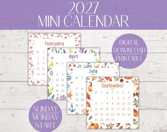 Puede incluir: Un mini calendario 2027 descargable e imprimible con inicio domingo lunes. El conjunto incluye cuatro páginas mensuales: febrero con corazones y flores rosas, abril con flores primaverales, julio con iconos náuticos y septiembre con hojas de otoño.