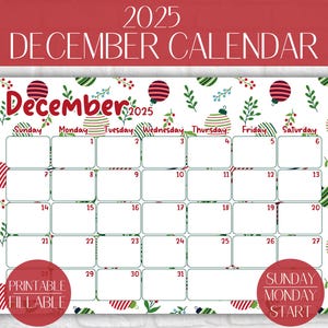 Könnte beinhalten: Ein Dezember 2025 Kalender mit festlichem Design. Der Kalender hat einen weißen Hintergrund mit roten und grünen dekorativen Elementen, darunter Ornamente und Zweige. Der Text "Dezember 2025" steht oben, und die Wochentage sind oben aufgelistet.