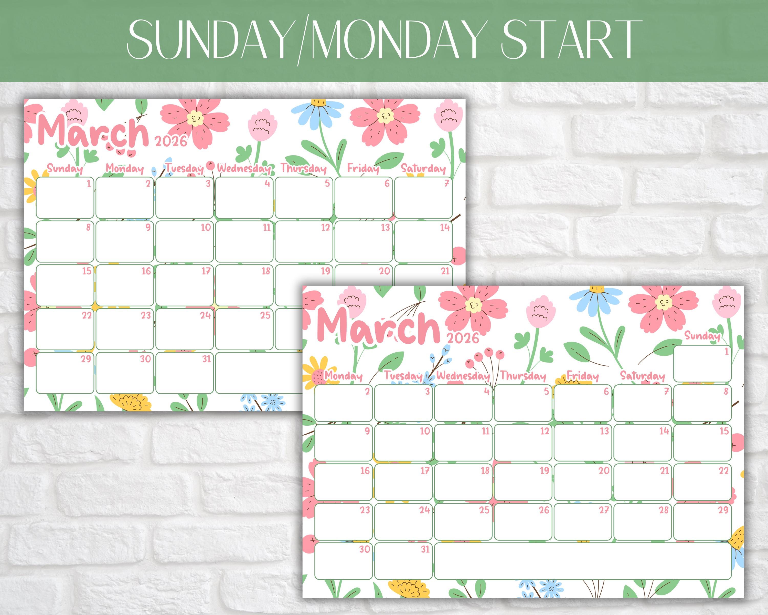 March 2026 Printable Calendar | Spring Floral Planner (digital Download ...
