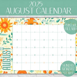 August 2025 Calendar Printable Fillable August Calendar 2025 August Planner 2025 Summer Planner 2025 Wall Summer Calendar