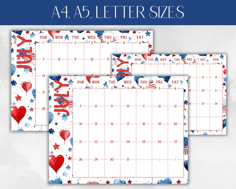 4th of july calendar page