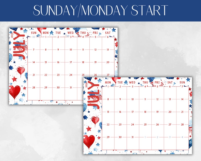 4th of july calendar page