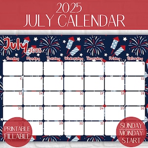 July 2025 Calendar Printable Fillable July Calendar 2025 Fourth of July Calendar July Planner 2025 Summer Planner 2025 Wall Summer Calendar