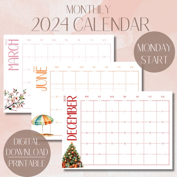 2024 Calendar | 2024 Calendar Printable | Calendar 2024 | Monthly Calendar |  2024 Year Calendar | Digital Calendar | Printable Calendar