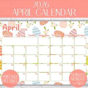 May include: A printable April 2026 calendar with an Easter theme. The calendar features a white background with colorful Easter eggs and floral accents. The text "April 2026" is displayed at the top, with the days of the week across the top.