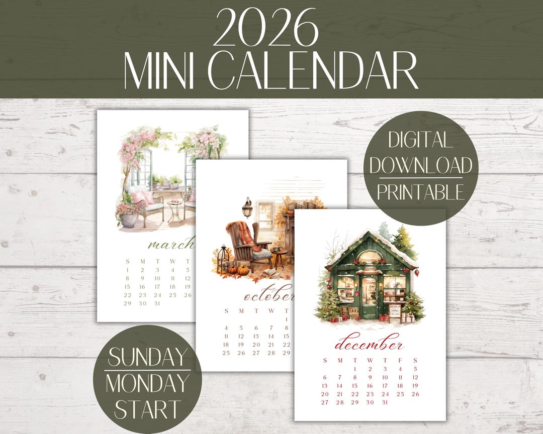 Watercolor Mini Calendar 2026: Printable Desk or Wall (5x7) (digital ...