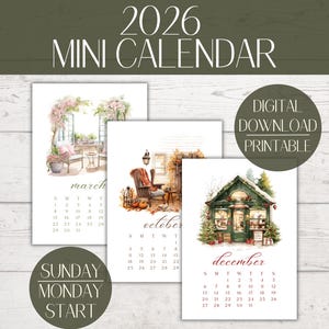 Può includere: Un mini calendario digitale da scaricare per il 2026. Il calendario presenta illustrazioni ad acquerello per marzo, ottobre e dicembre. Il testo include "2026 MINI CALENDAR", "DIGITAL DOWNLOAD PRINTABLE" e "SUNDAY MONDAY START".
