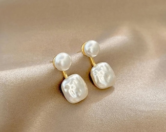 Jade mariée boucles d'oreilles carrées irrégulières perle d'eau douce élégante