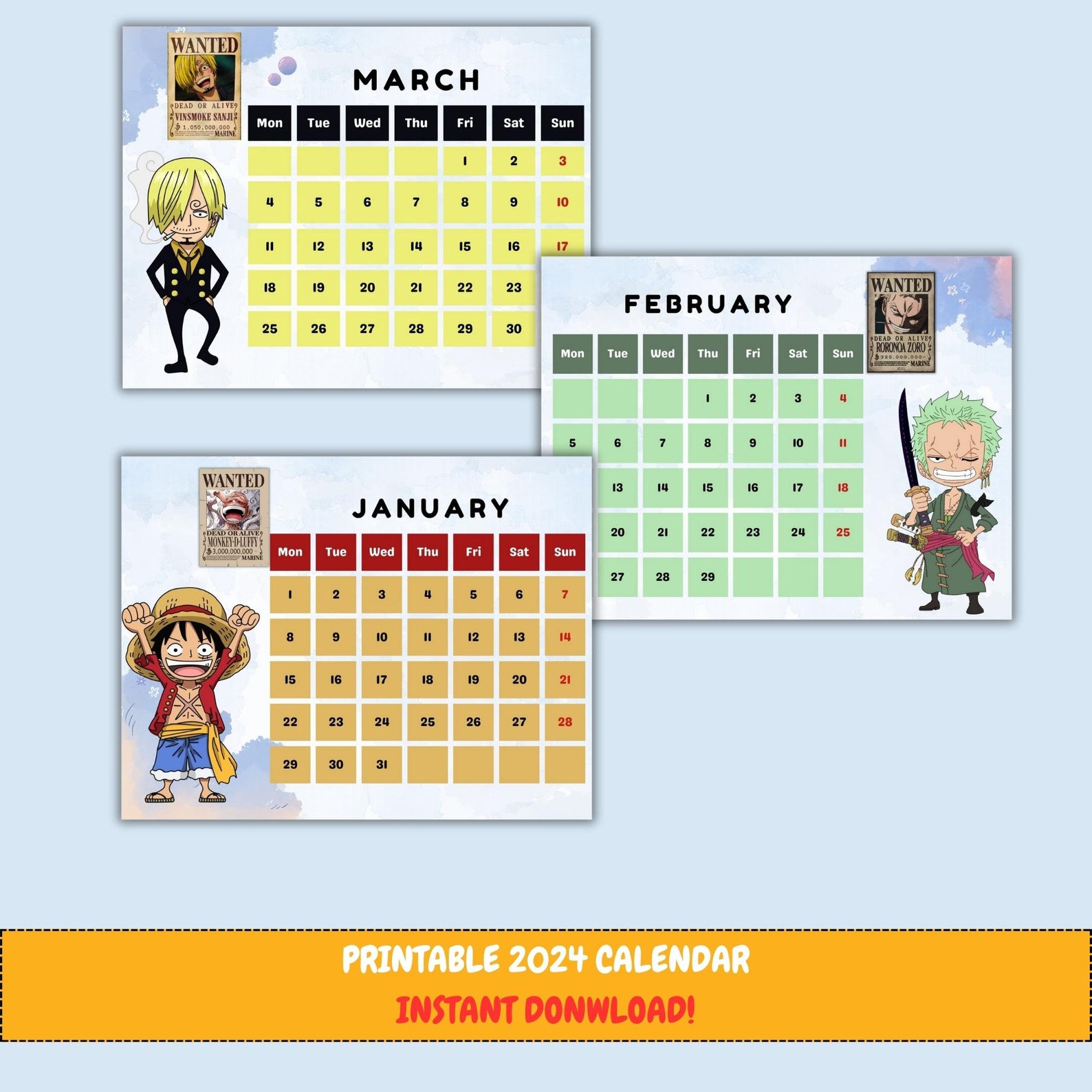 2024 One Piece Calendar Printable Calendar Anime Calendar Etsy