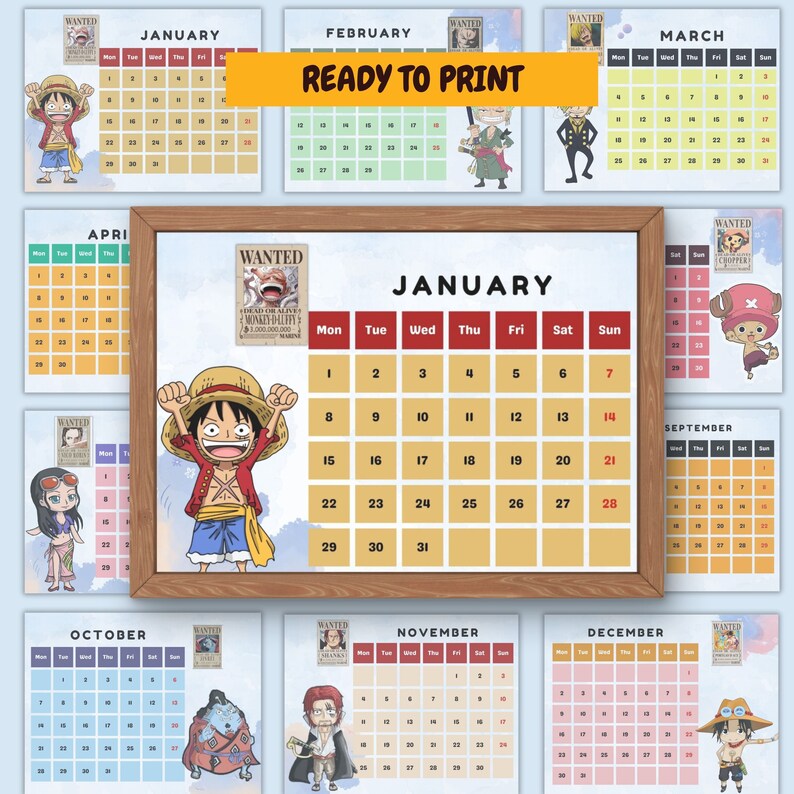 Calendario de One Piece 2024 / Calendario imprimible / Calendario anime