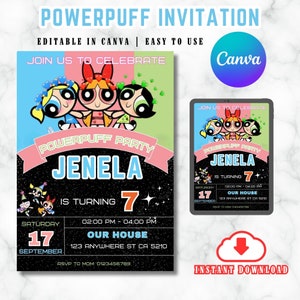 Cartoon Power Invitation Cartoon Invitation Girls Birthday Invitation Customizable Birthday Invitation Canva Invitation Digital Download