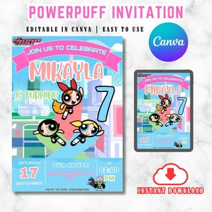 Cartoon Power Invitation Cartoon Invitation Girls Birthday Invitation Customizable Birthday Invitation Canva Invitation Digital Download