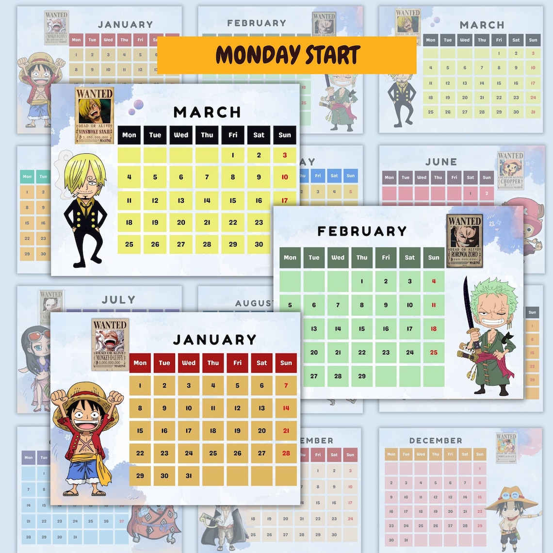 2024 One Piece Calendar Printable Calendar Anime Calendar Digital