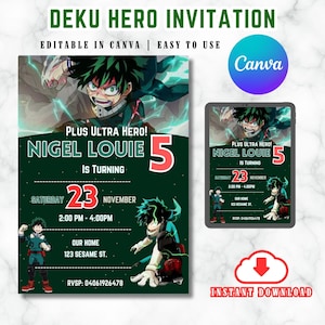 Convite Manga Convite Anime Hero ClassA Deku Convite de aniversário Convite de aniversário personalizável Convite Canva Download digital