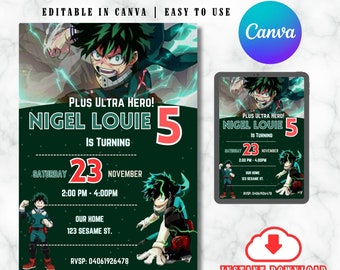 Manga Invitation Anime Invitation Hero ClassA Deku Birthday Invitation Customizable Birthday Invitation Canva Invitation Digital Download
