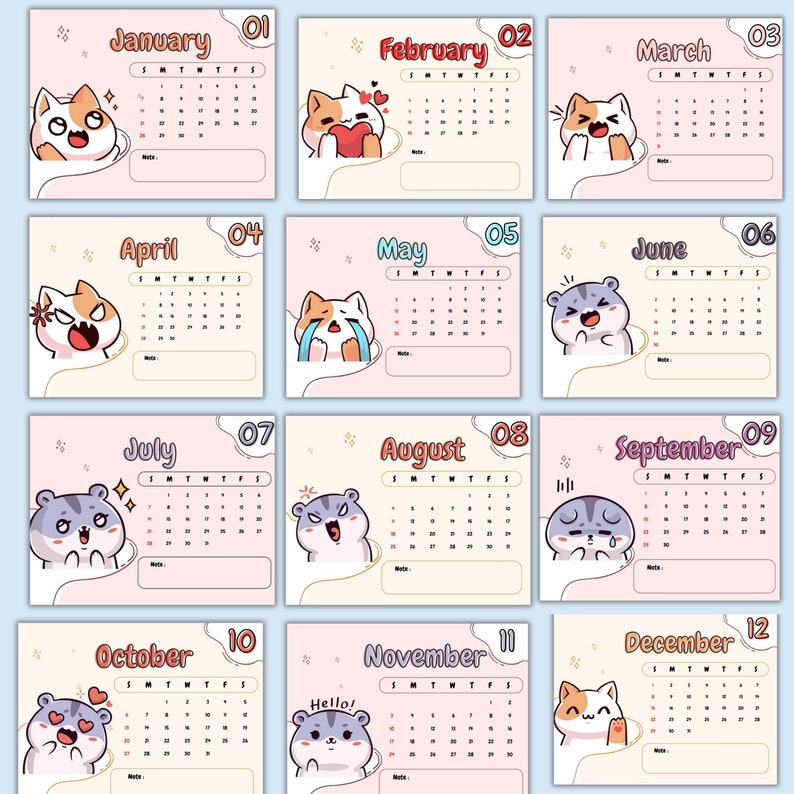 2024 KAWAII Calendar Ready to Print 2024 Calendar Cute Calendar Kitty