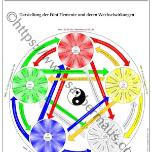 Może przedstawiać: Szczegółowy diagram w języku niemieckim, ilustrujący Pięć Elementów w Tradycyjnej Medycynie Chińskiej. Okrągły projekt zawiera połączone elementy, kolory i tekst, w tym symbol Yin-Yang. Diagram wyjaśnia relacje między elementami.