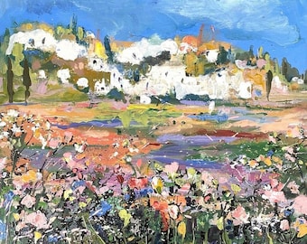 Provence landscape painting, Original oil painting, Abstract landscape, Flowers field painting, Impressionism art, Wall hanging, Art gift