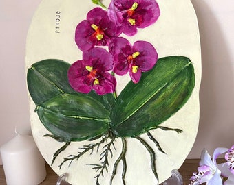 Botanical bas-relief, Orchid flowers, Floral wall hanging, Botanical panel, Wall decor panel, Sculpture, Flowers hand painted, Orchid plant.