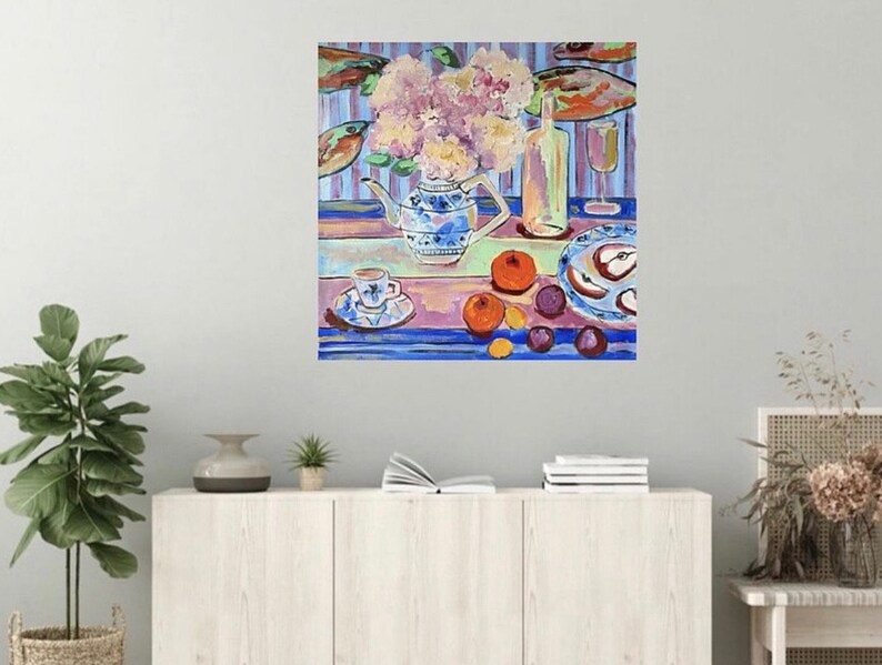 Still life painting, Original oil painting on canvas, Hydrangea and apples, Flowers bouquet, Fauvism art, Matisse inspired, Wall hanging. image 3