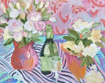 Still life with Eustoma and Creamy Roses, Original oil painting on canvas, Fauvism art, Matisse inspired, Abstract painting, Impasto artwork