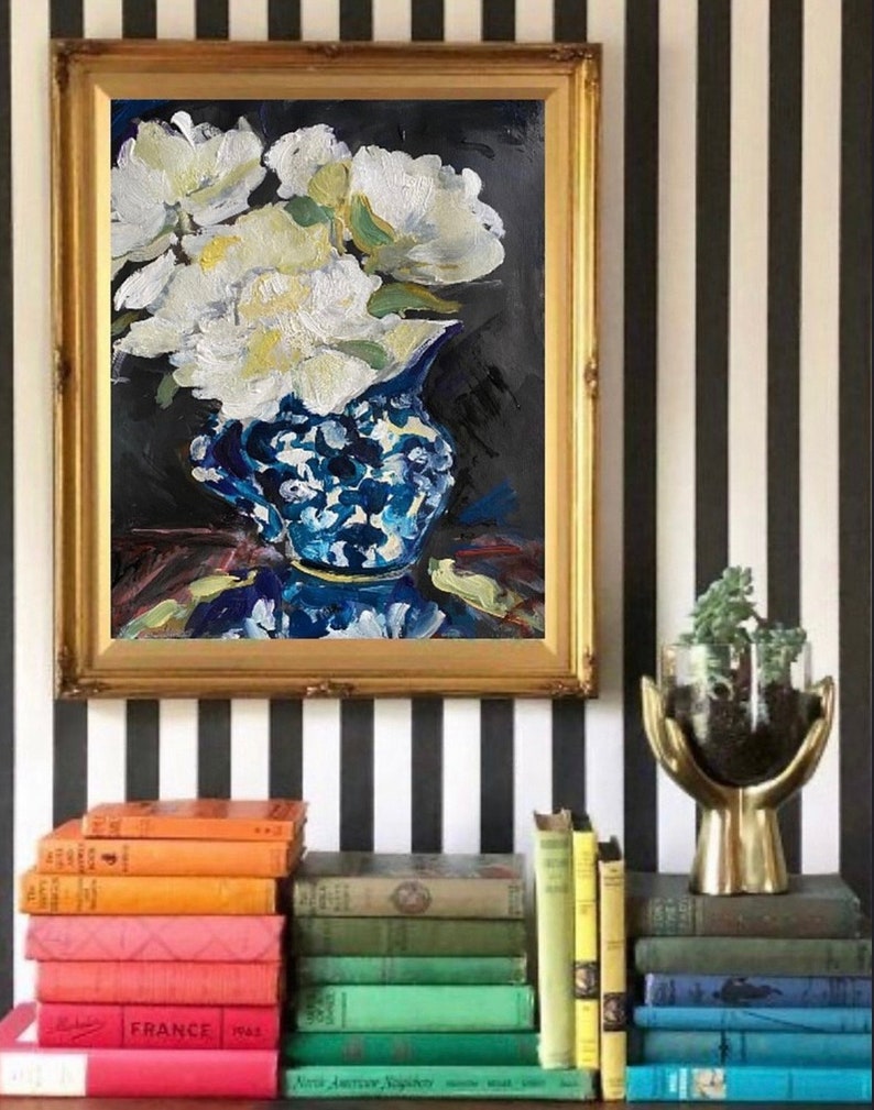 White peonies painting, Original acrylic painting, Fauvism art, Matisse inspired, Flowers painting, Still life with flowers, Wall hanging image 7