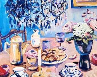 Original oil painting on canvas, Afternoon tea time, Food and drinks, Still life with flowers painting, Chandelier, Fauvism art, Matisse art