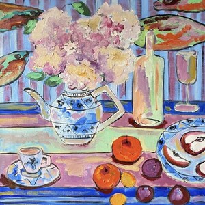 Still life painting, Original oil painting on canvas, Hydrangea and apples, Flowers bouquet, Fauvism art, Matisse inspired, Wall hanging. image 4