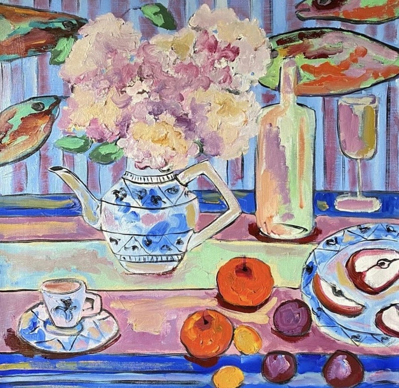 Still life painting, Original oil painting on canvas, Hydrangea and apples, Flowers bouquet, Fauvism art, Matisse inspired, Wall hanging. image 4