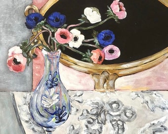 Original oil painting on canvas, Anemones at the mirror, Made to order painting, Fauvism style, Matisse inspired, Australian flowers, Decor