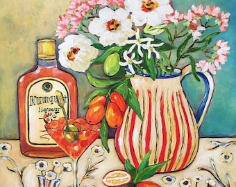 Made to order painting, Liquor and flowers still life, Original oil painting on canvas, Fauvism art, Matisse inspired, Wall hanging, Food